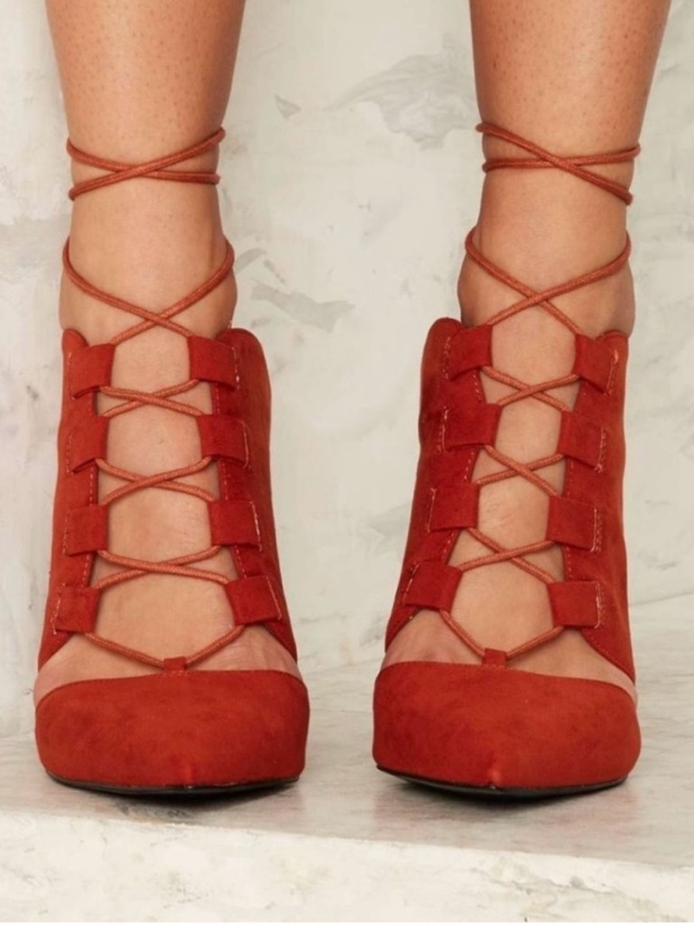 NWOT Nasty Gal Lace-Up Heels 🔥 Point It Out Red/Orange Suede Stiletto | Size 7.5 - Picture 4 of 9